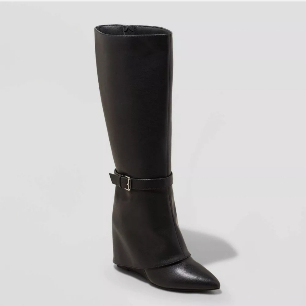 A New Day Women's Faux Leather Zipper Knee Dress Boots Wedge Heel - Picture 1 of 4